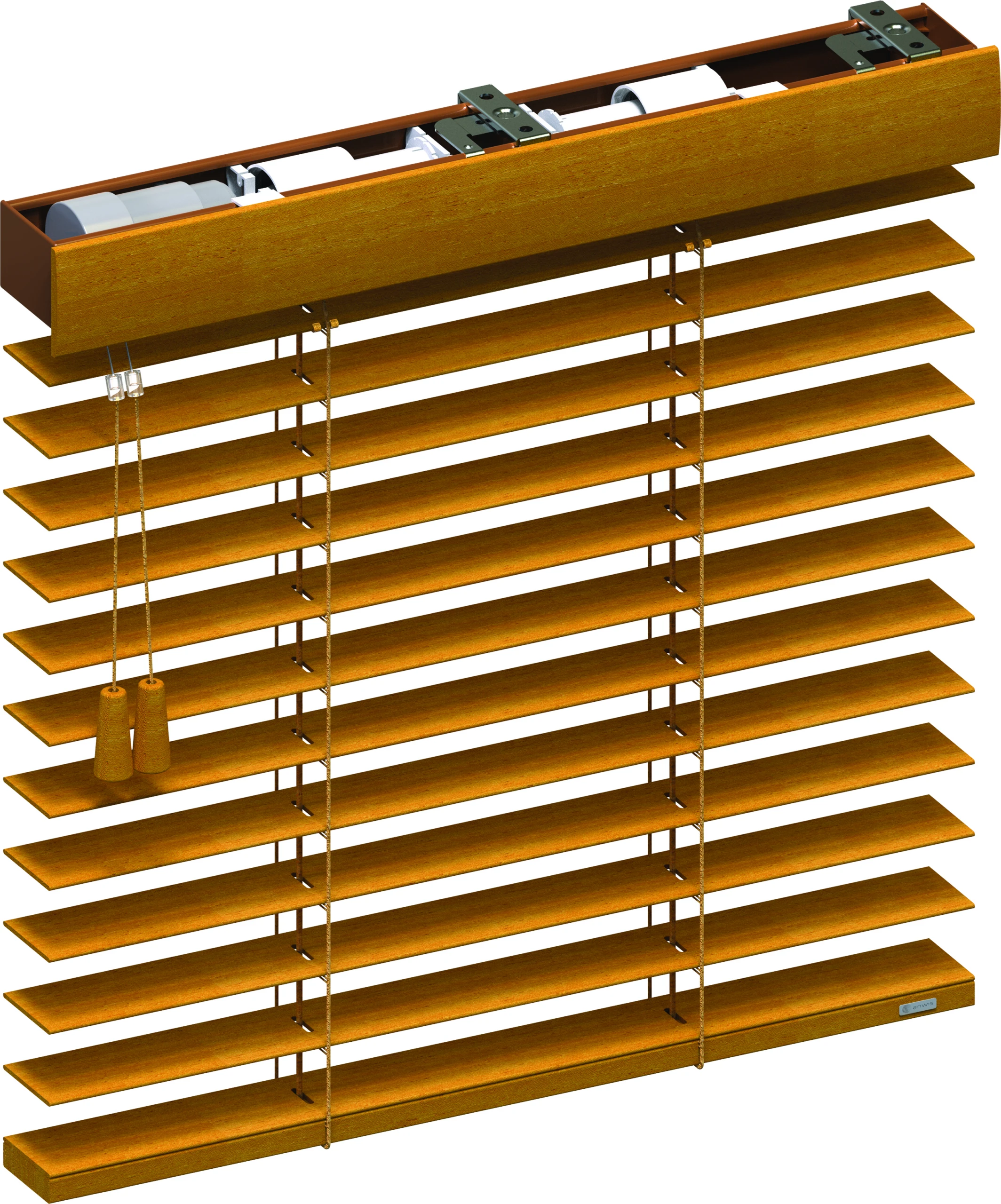 Schematische Darstellung einer Holz- Bambus Jalousie mit dem Twin Pull System