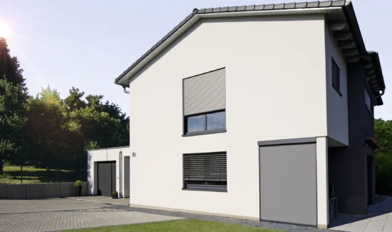 Wohngebäude mit weißer Fassade und Rollladen, Außenjalousie und Vorbau-Markise