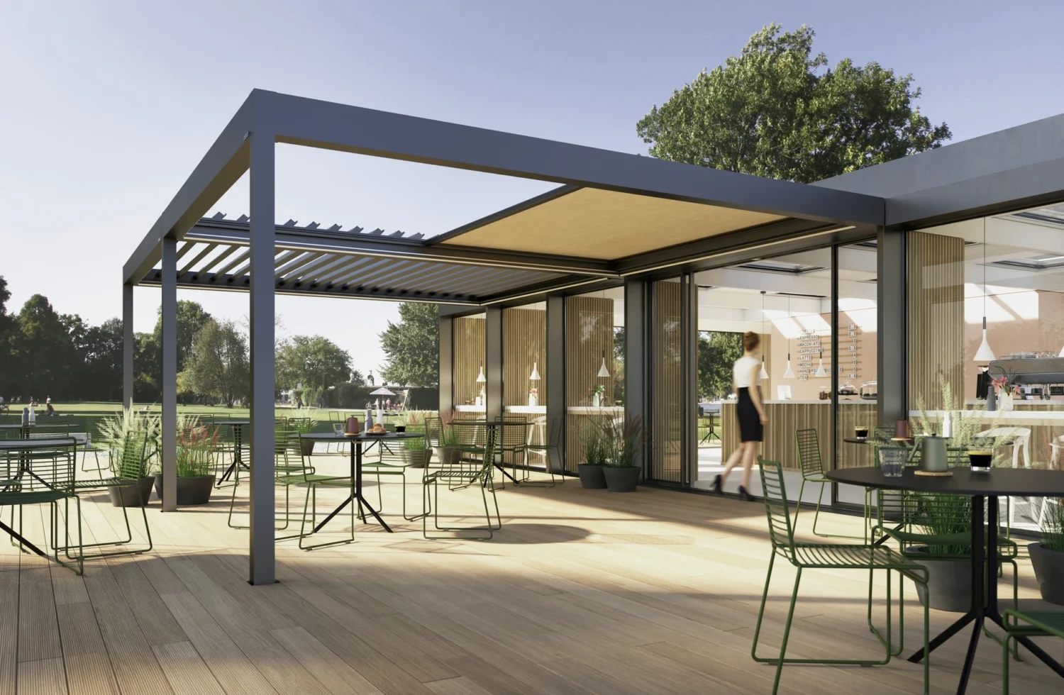 Moderne Terrasse mit stilvollen Sitzgelegenheiten und Pergola