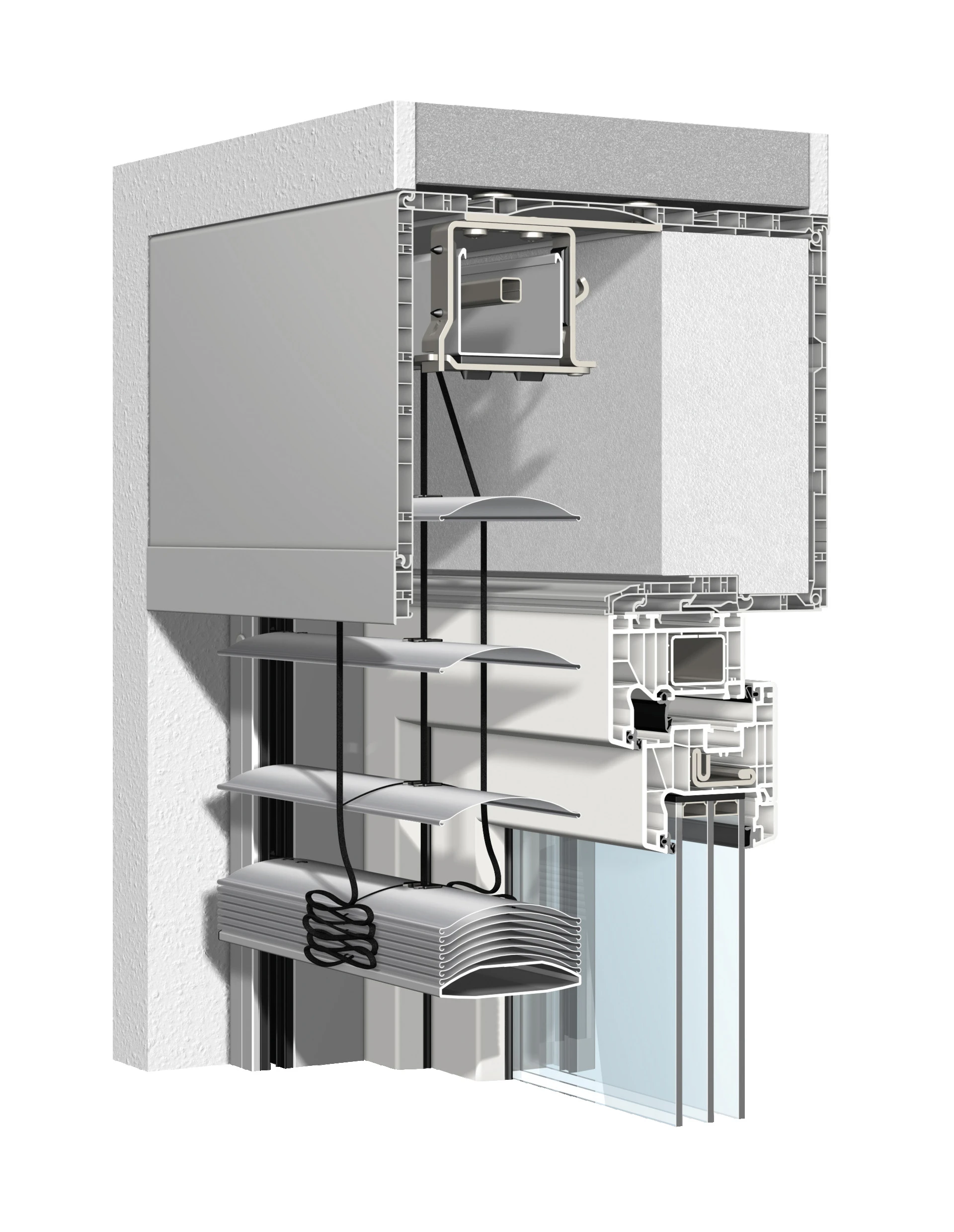 Detailansicht eines modernen Rollladenkastens mit integriertem Fenster